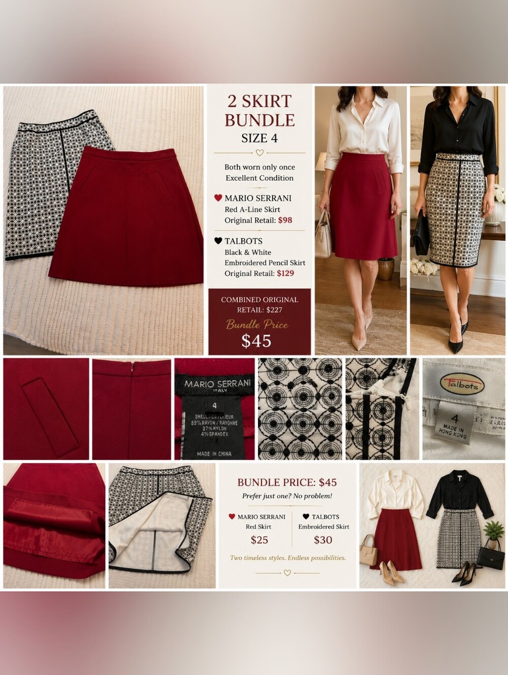 Mario Serrani & Talbots Skirt Bundle Size 4 | Red A-Line + Embroidered Pencil |